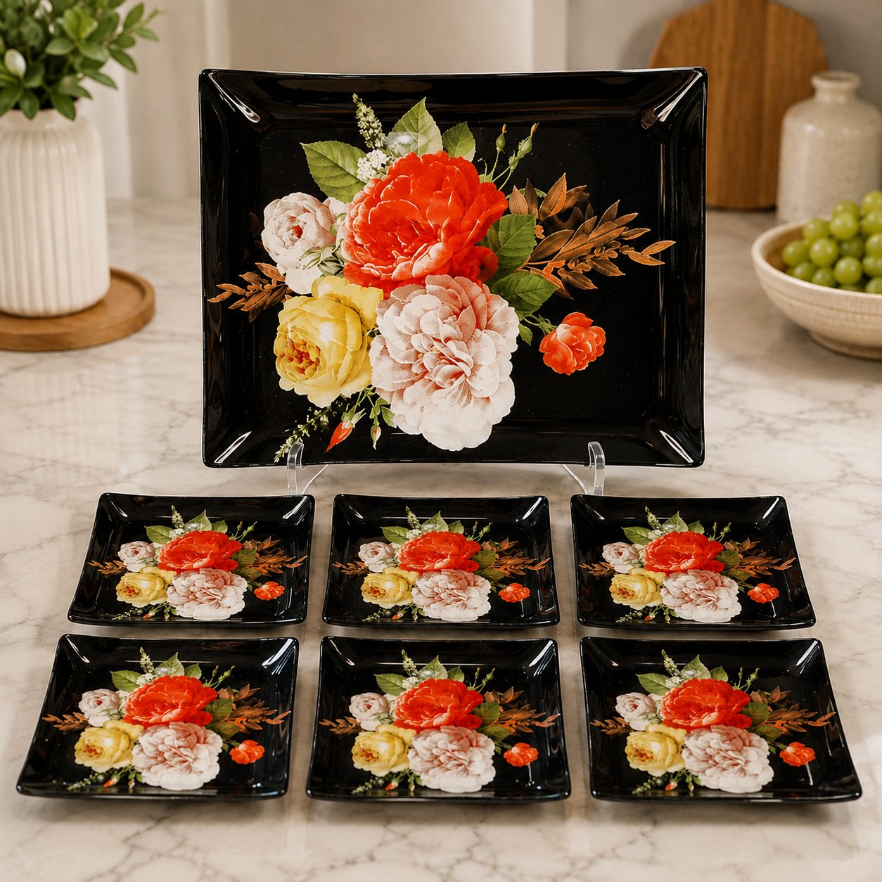 ARCOFAM FLORAL BLACK GLASS SERVING 7 PIECES PLATE SET - RED FLOWER