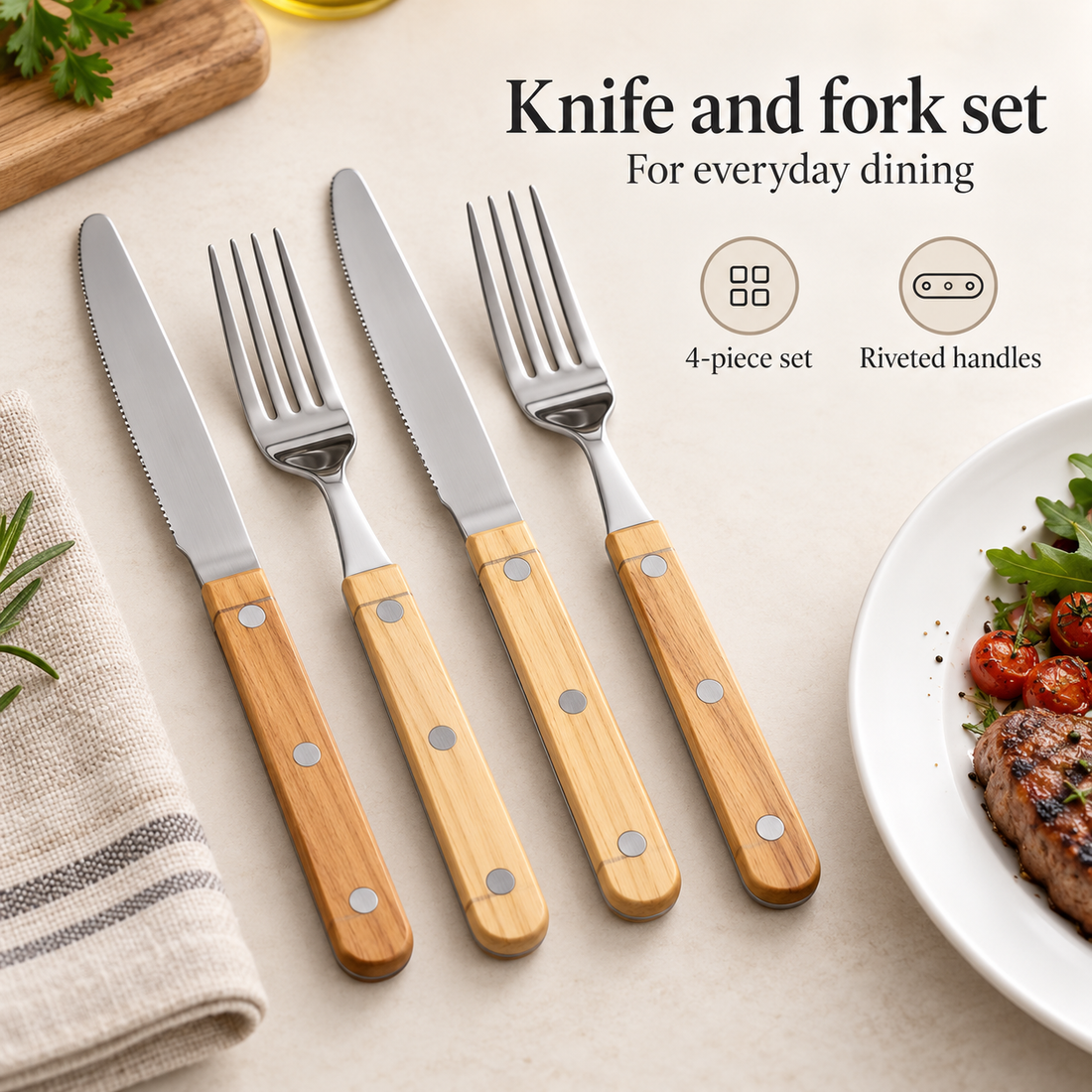 DANNY HOME 12PCS STAINLESS STEEL STEAK KNIFE & FORK SET WITH WOODEN HANDLE – HEAVY DUTY DINING CUTLERY SET