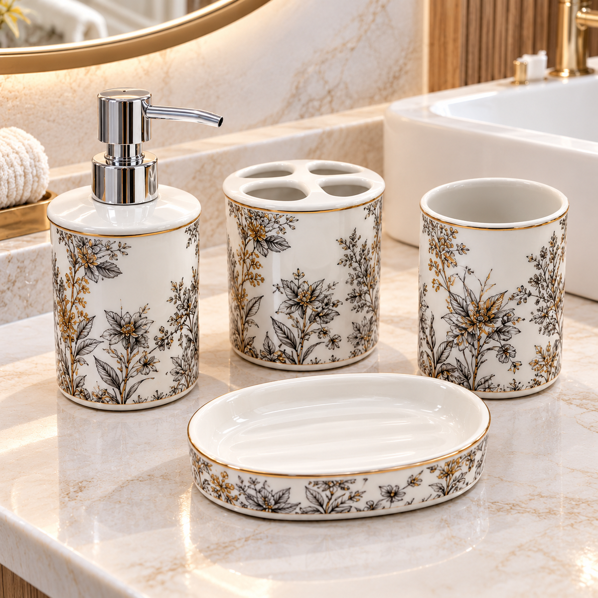 WHITE & GOLD FLORAL DESIGN CERAMIC BATHROOM ACCESSORY SET