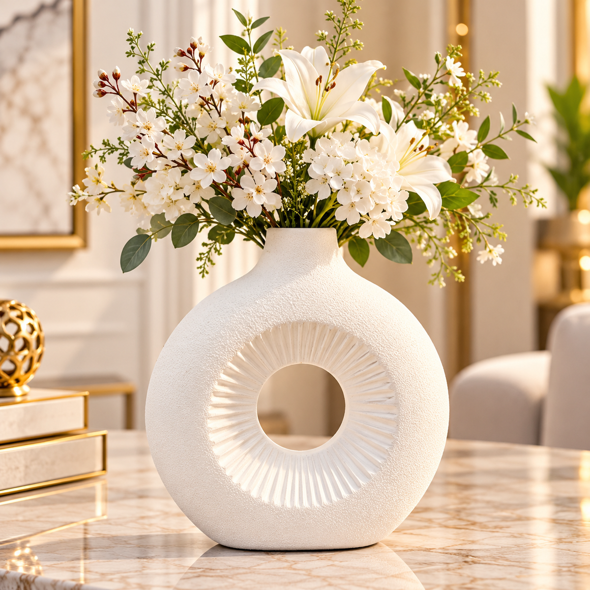 WHITE ROUND OPEN CENTER DECORATIVE VASE - LARGE