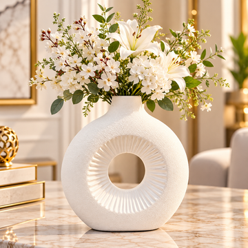 WHITE ROUND OPEN CENTER DECORATIVE VASE - LARGE