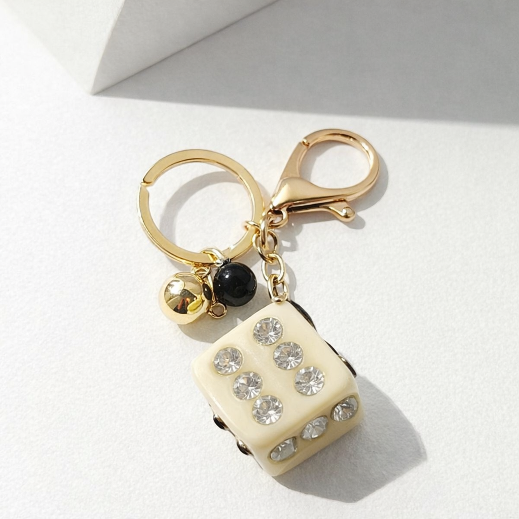 RHINESTONE DICE KEYCHAIN – LUXURY GOLD CLIP BAG CHARM & KEY RING