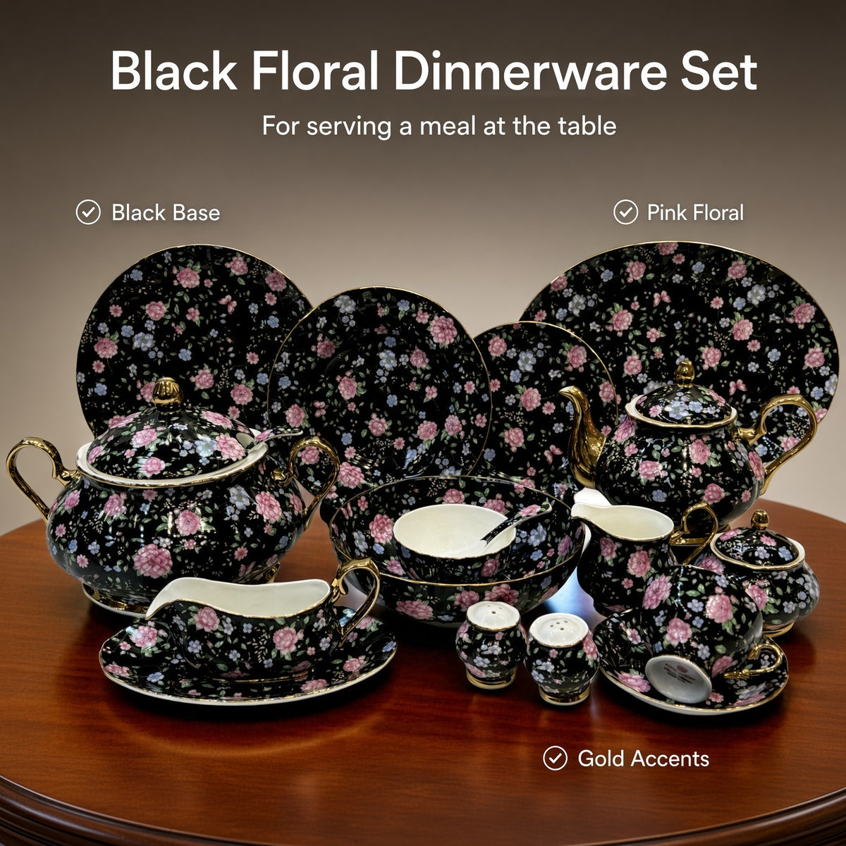 Royal Albert Inspired Black Pieces With Pink and Blue Floral Print 75 Pieces 8 Persons Serving Bone China Dinner Set