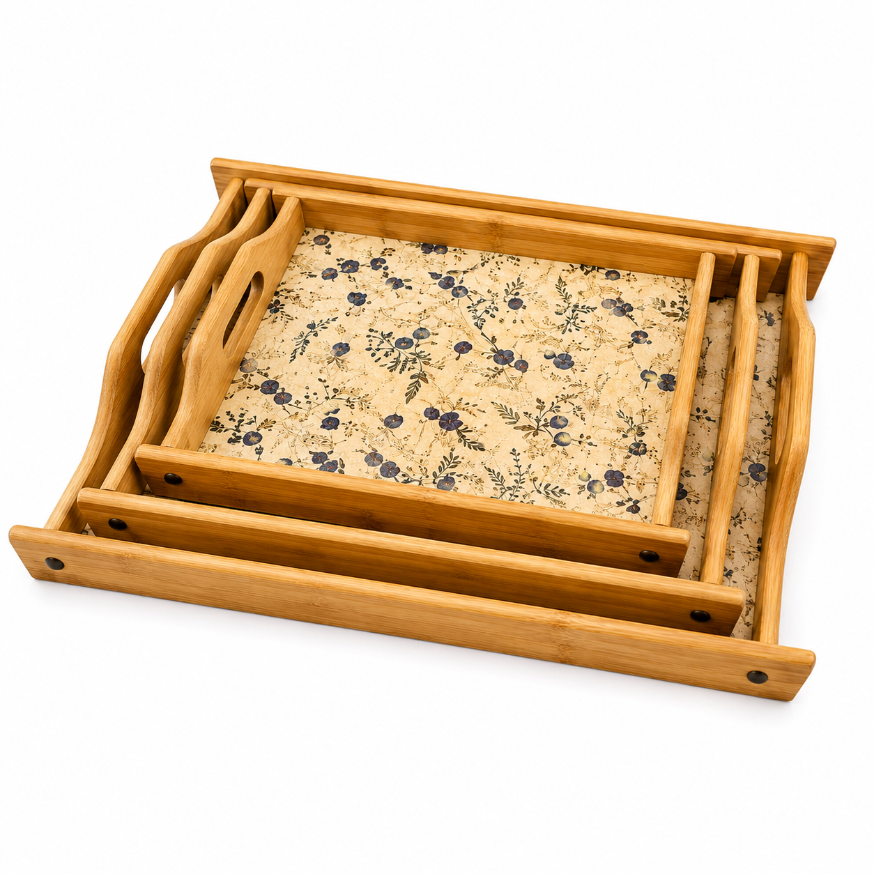 LUXEWOOD 3-PIECE RECTANGULAR WOODEN SERVING TRAY SET - BLUE WILDFLOWER