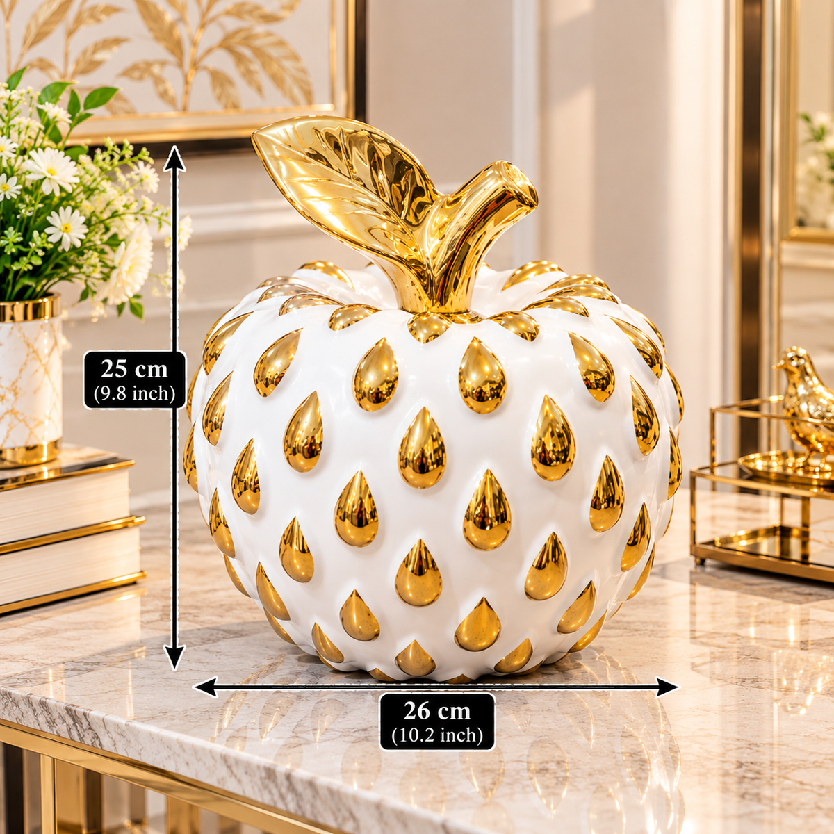 WHITE & GOLD APPLE DECORATIVE ORNAMENT - LARGE