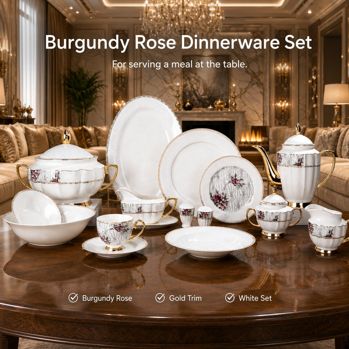 Johnson Bros Inspired Burgundy Rose Patterns Bone China Dinner Set