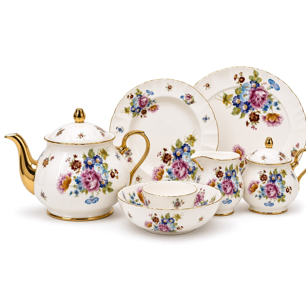 Royal Albert Inspired Multi-Coloured Floral Patterns 75 Pieces 8 Persons Serving Bone China Dinner Set