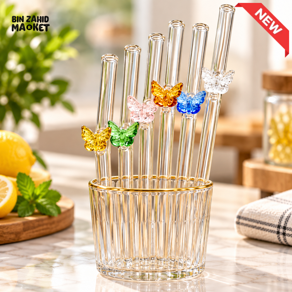 6PCS GLASS DRINKING STRAWS WITH COLORFUL BUTTERFLY CHARMS & CLEANING BRUSH - Drinkware Sets