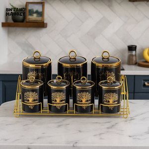 6PIECE LUXURY CERAMIC SPICE JAR SET WITH GOLDEN TREE DESIGN & METAL RACK – PREMIUM KITCHEN STORAGE CONTAINERS - BLACK