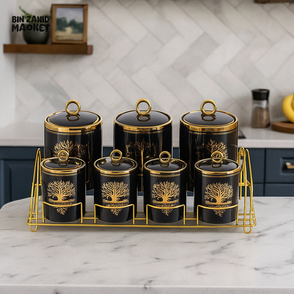 6PIECE LUXURY CERAMIC SPICE JAR SET WITH GOLDEN TREE DESIGN & METAL RACK – PREMIUM KITCHEN STORAGE CONTAINERS - BLACK