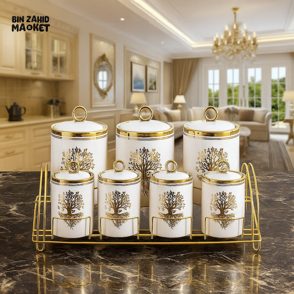 6PIECE LUXURY CERAMIC SPICE JAR SET WITH GOLDEN TREE DESIGN & METAL RACK – PREMIUM KITCHEN STORAGE CONTAINERS - WHITE