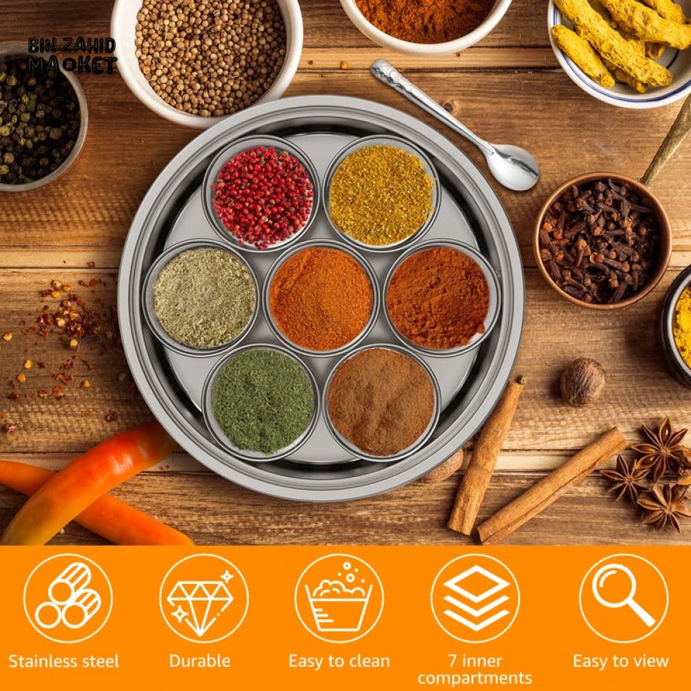 7-COMPARTMENT STAINLESS STEEL SPICE BOX – HOME & OUTDOOR STORAGE