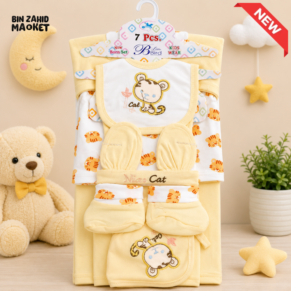 7 PCS NEWBORN BABY GIFT SET – CUTE KITTEN EMBROIDERED DESIGN (YELLOW)