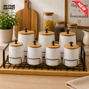 7-PIECE CERAMIC KITCHEN STORAGE CANISTER SET WITH METAL RACK