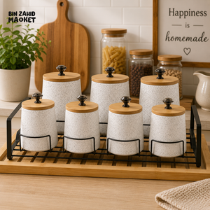 7-PIECE CERAMIC KITCHEN STORAGE CANISTER SET WITH METAL RACK