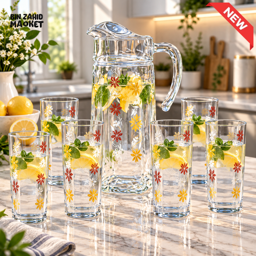 7-PIECE GLASS WATER JUG & DRINKING GLASS SET - MULTICOLOR FLORAL BLOOM