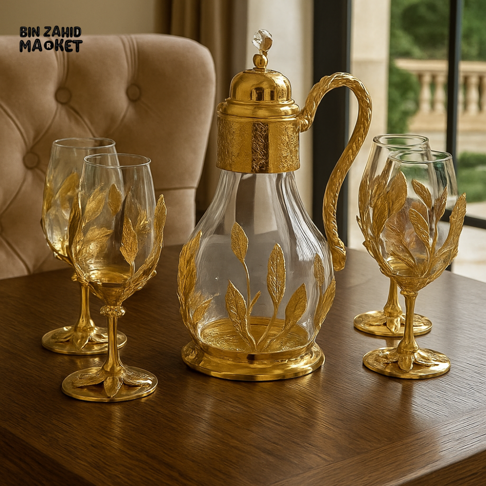 7 PIECE LUXURY GOLDEN LEAF GLASSWARE SET WITH DECANTER – ELEGANT DINING TABLE DISPLAY