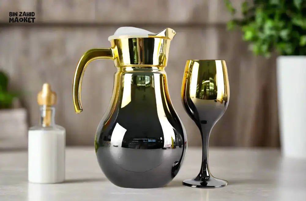 7 PIECE LUXURY ROYAL GOLD GLASS WATER SET FOR HOME & DINING - BLACK