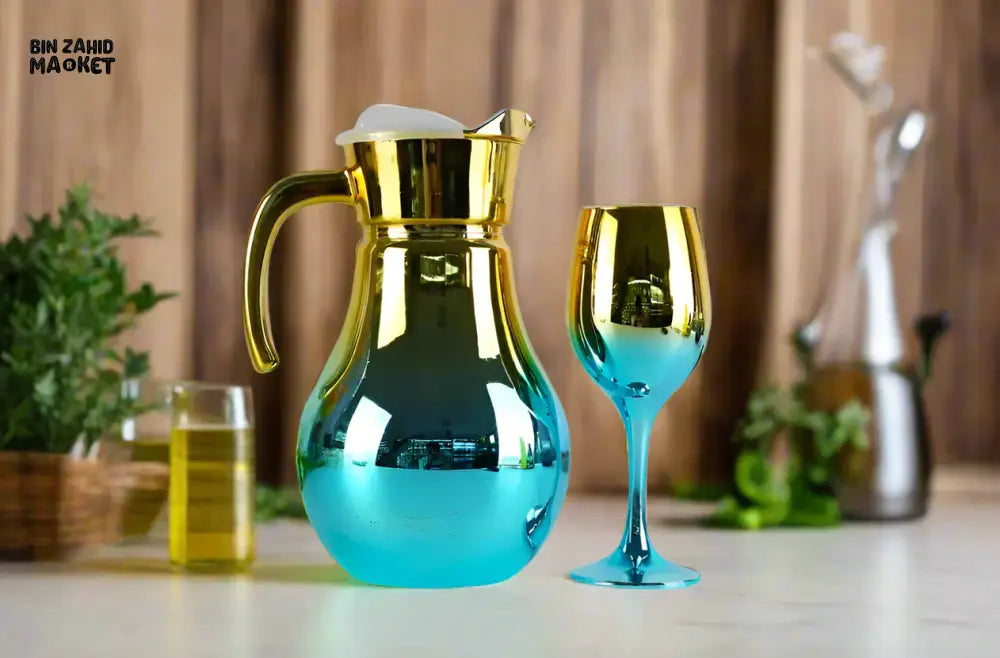 7 PIECE LUXURY ROYAL GOLD GLASS WATER SET FOR HOME & DINING - BLUE