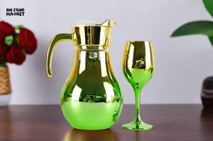 7 PIECE LUXURY ROYAL GOLD GLASS WATER SET FOR HOME & DINING - GREEN