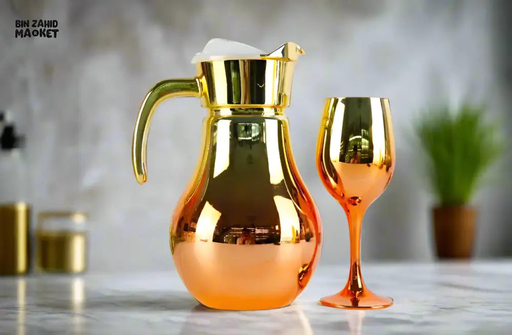 7 PIECE LUXURY ROYAL GOLD GLASS WATER SET FOR HOME & DINING - ORANGE
