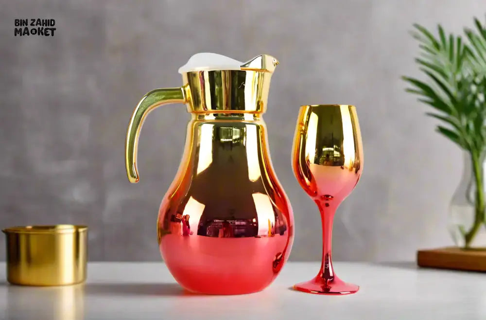7 PIECE LUXURY ROYAL GOLD GLASS WATER SET FOR HOME & DINING - RED