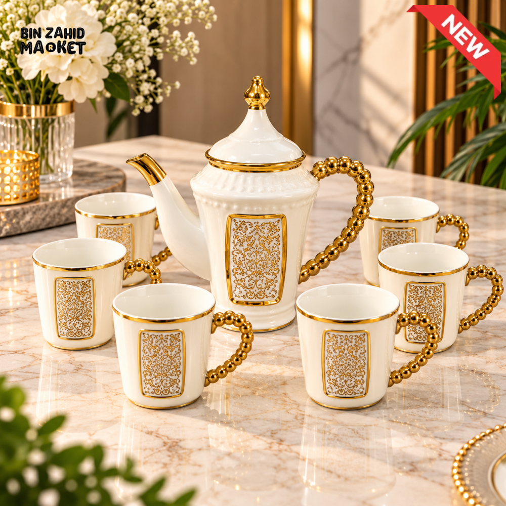 7-PIECE LUXURY WHITE & GOLD CERAMIC TEA SET WITH ORNATE HANDLES