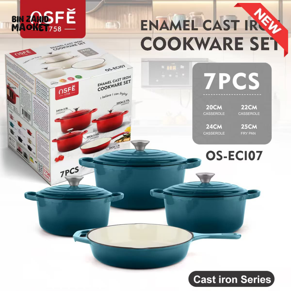 7-PIECE OSFE ENAMELED CAST IRON COOKWARE SET MULTIFUNCTIONAL KITCHEN COLLECTION - BLUE