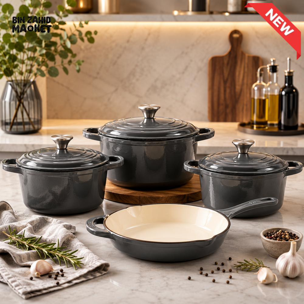 7-PIECE OSFE ENAMELED CAST IRON COOKWARE SET MULTIFUNCTIONAL KITCHEN COLLECTION - GREY