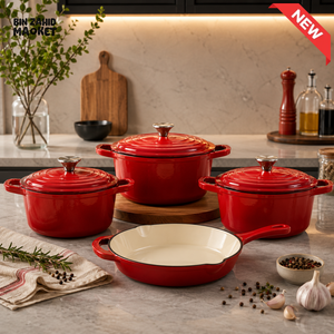 7-PIECE OSFE ENAMELED CAST IRON COOKWARE SET MULTIFUNCTIONAL KITCHEN COLLECTION - RED