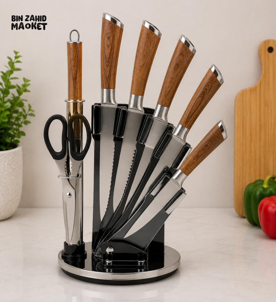7-PIECE ROTATING KITCHEN KNIFE SET WITH WOOD GRAIN HANDLES - Knife Sets