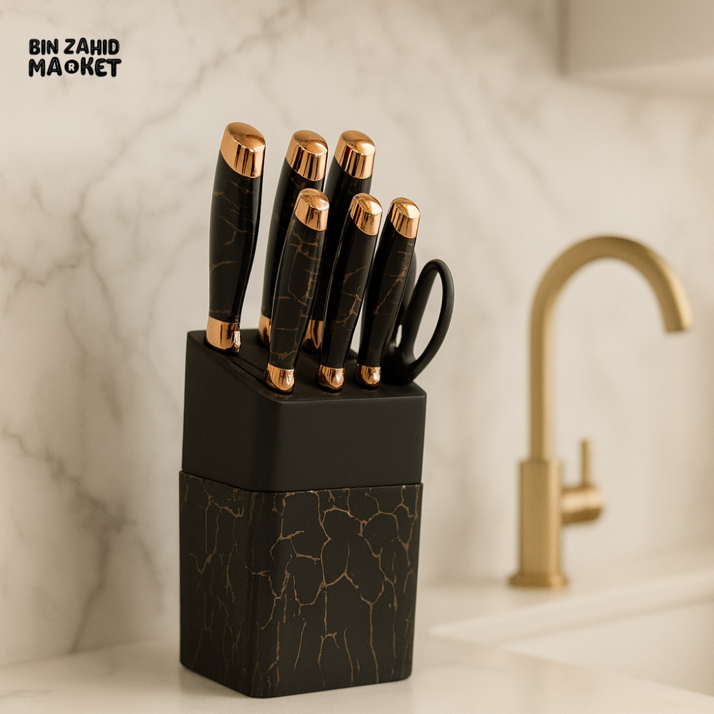 7-PIECE RUST-PROOF KNIFE SET – PREMIUM BLOCK FULL KITCHEN KIT - BLACK