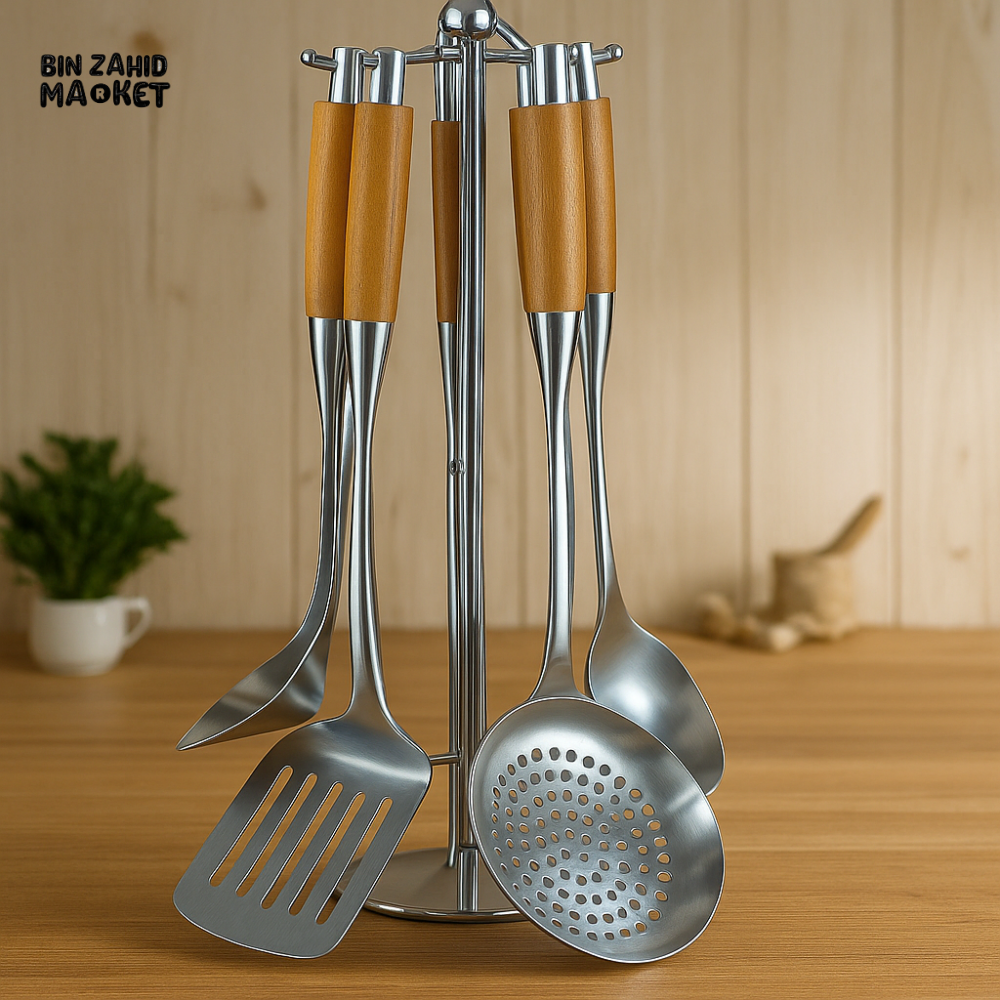 7-PIECE STAINLESS STEEL KITCHEN TOOL SET WITH WOODEN HANDLES & STAND – COOKING UTENSIL SET FOR HOME & CHEF USE