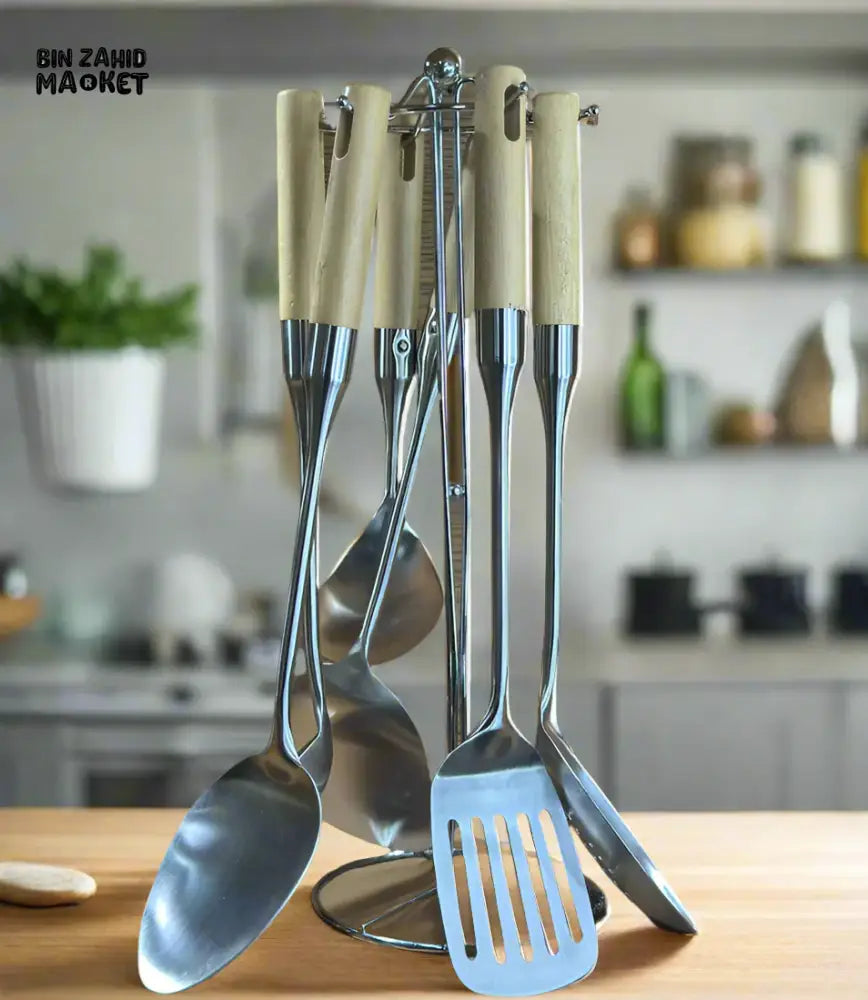 7-PIECE STAINLESS STEEL KITCHEN TOOL SET WITH WOODEN HANDLES & STAND – COOKING UTENSIL SET FOR HOME & CHEF USE