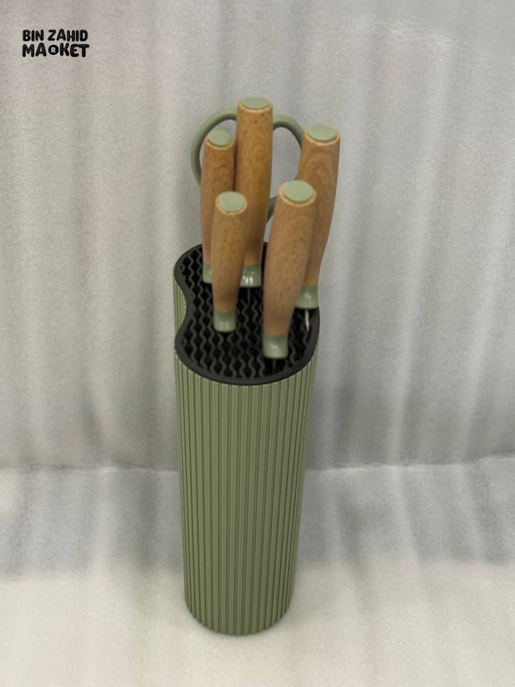 7-PIECE STAINLESS STEEL KNIFE SET – ERGONOMIC WOOD HANDLES + STAND - GREEN