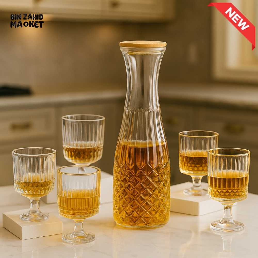 7 PIECES CRYSTAL-LOOK GLASS WATER SET – DECANTER WITH WOOD LID 6 GOBLET GLASSES