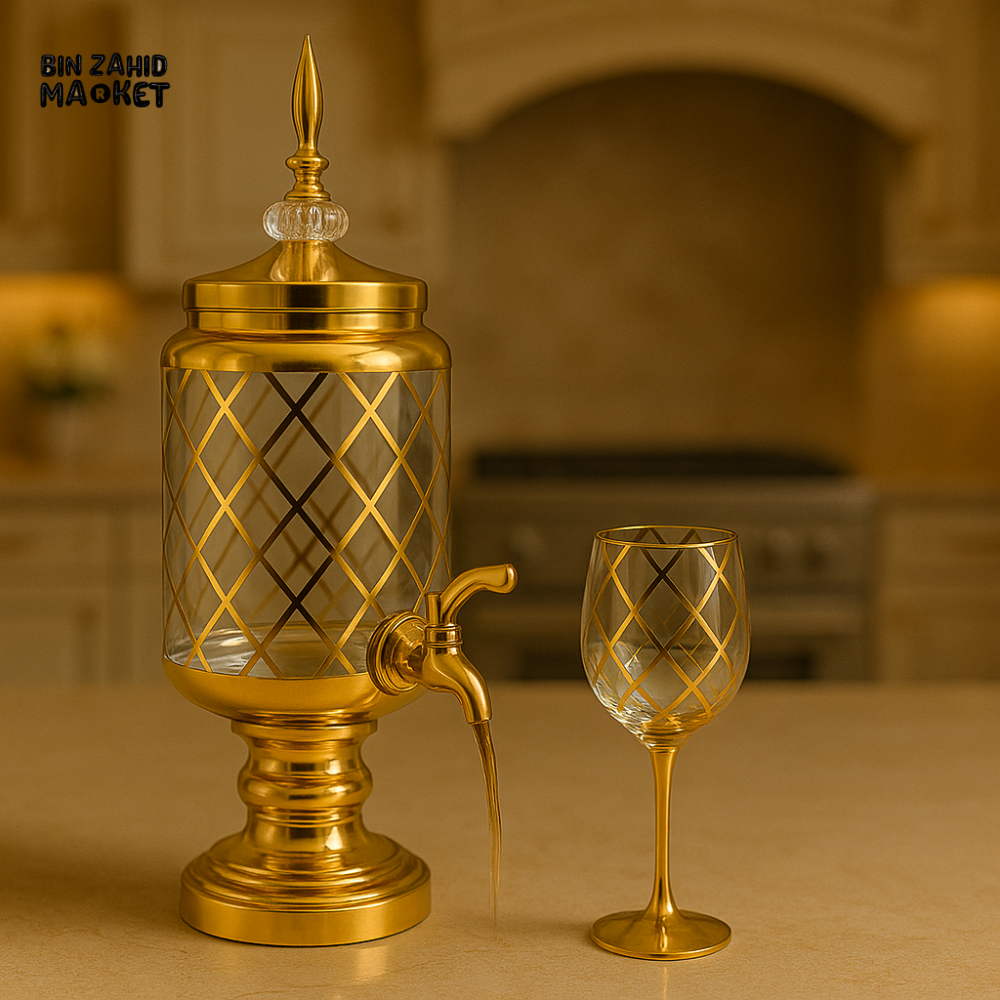7 PIECES LUXURY BEVERAGE DISPENSER SET – GOLDEN DIAMOND DESIGN WITH GLASS STAND & GOBLET