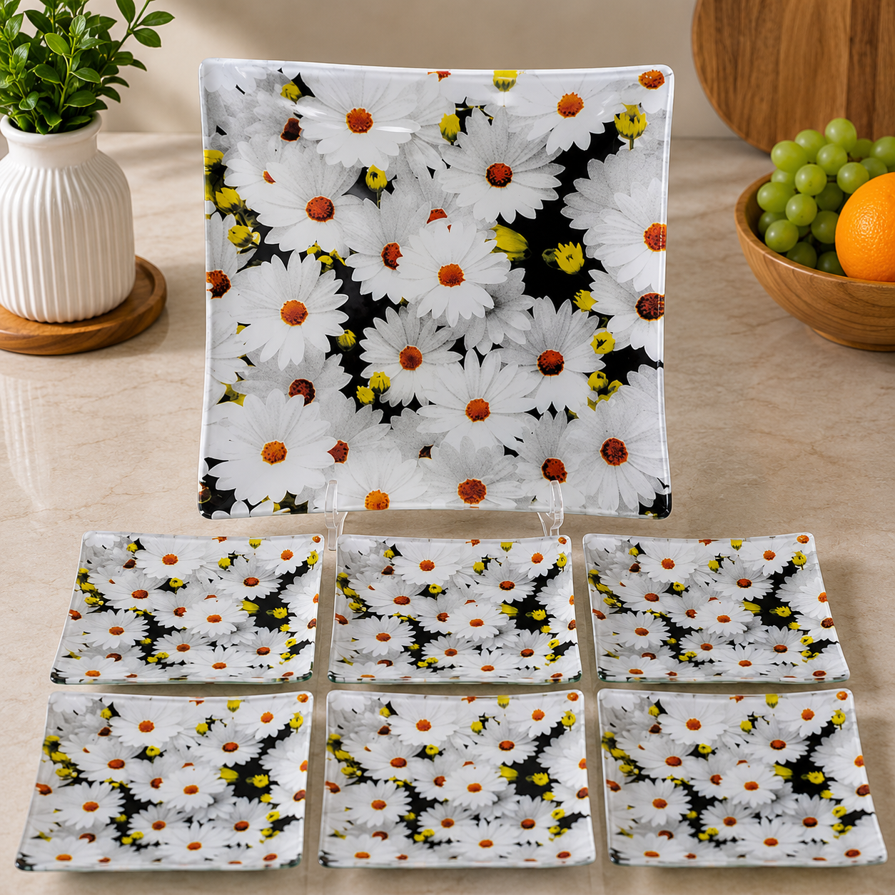 ARCOFAM DAISY FLORAL GLASS SERVING 7 PIECE PLATE SET - BOSTAN