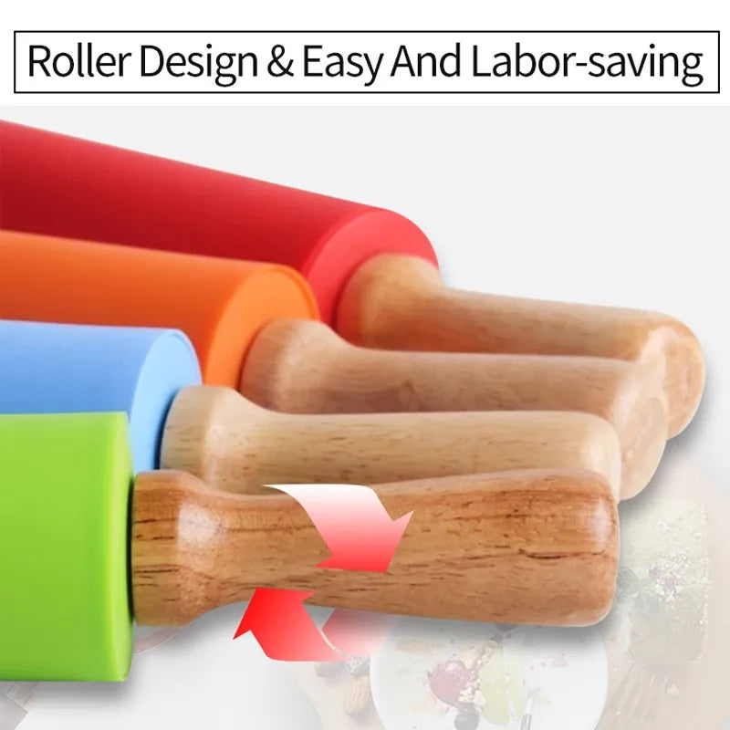 SILICONE WOODEN HANDLE ROLLING PIN