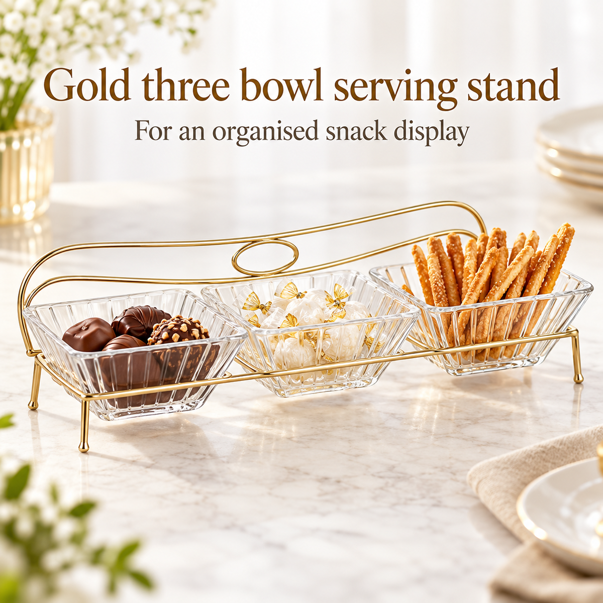 Danny Home Gold Three Bowl Serving Stand