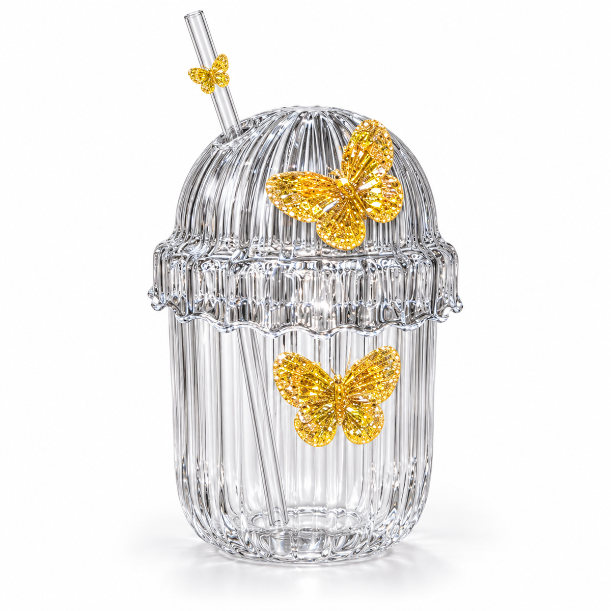 Glasslux Ribbed Butterfly Dome Cup With Straw - Orange / 400 ml
