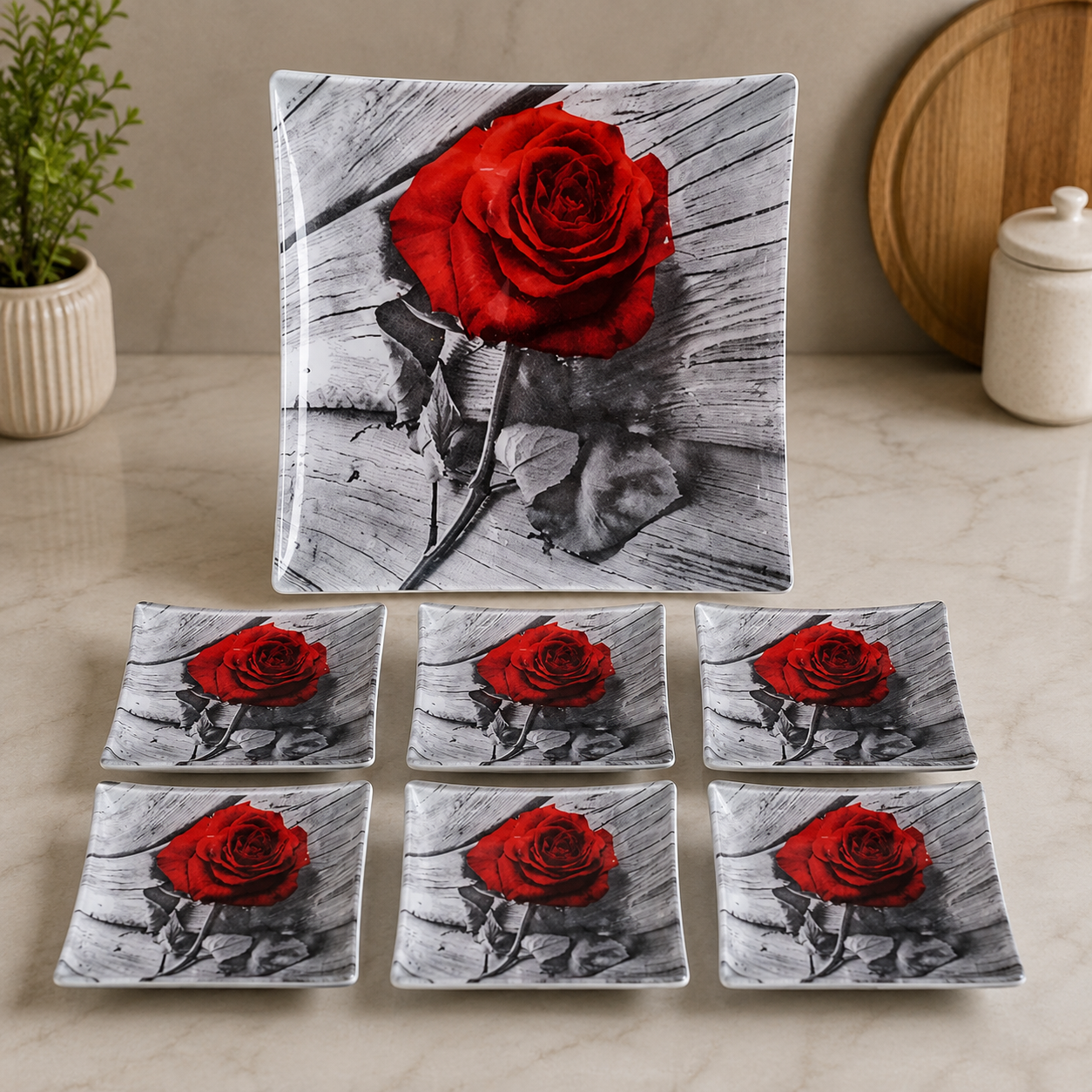 ARCOFAM RED ROSE SQUARE SERVING 7 PIECES PLATE SET - MORVARID