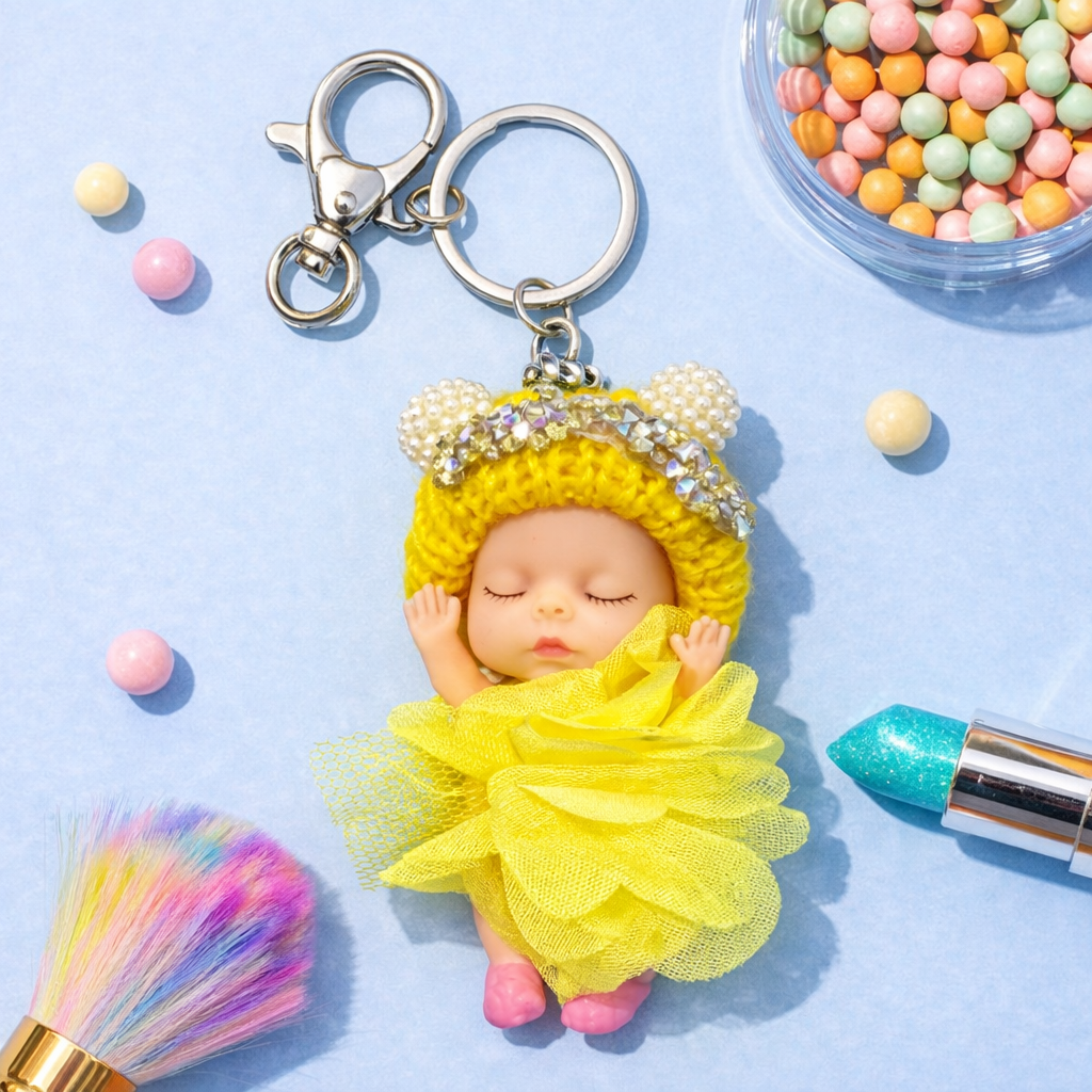 SLEEPING DOLL KEYCHAIN – CUTE HANDMADE TEDDY HAT & TULLE DRESS BAG CHARM