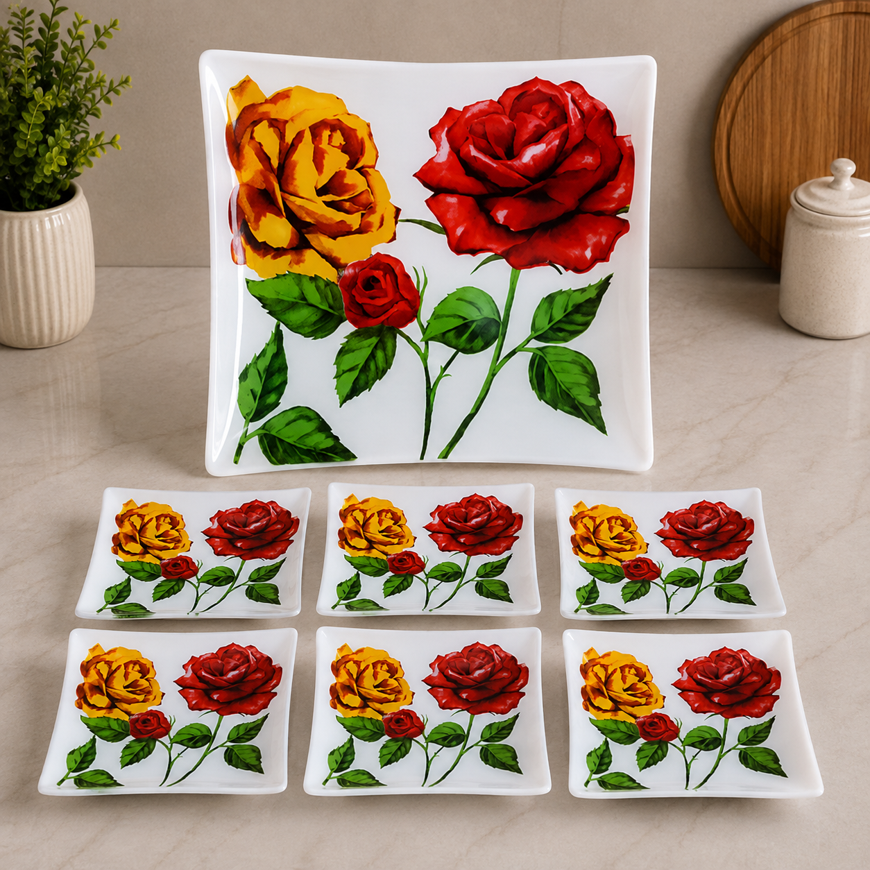 ARCOFAM DUAL ROSE SQUARE SERVING 7 PIECE PLATE SET - SEVADA