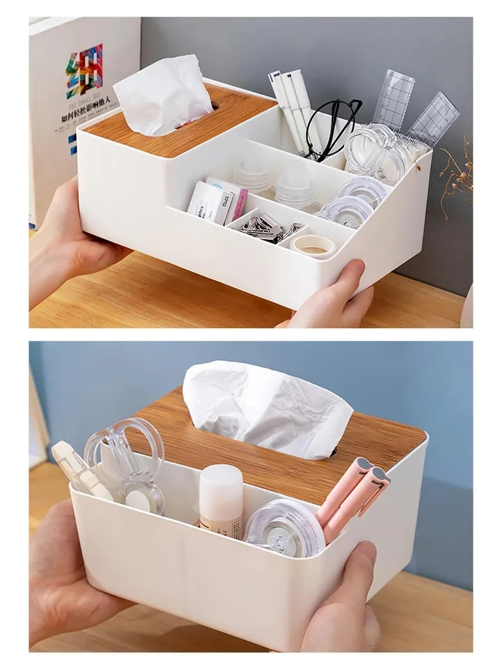 WOODEN TISSUE BOX WITH SHELVES