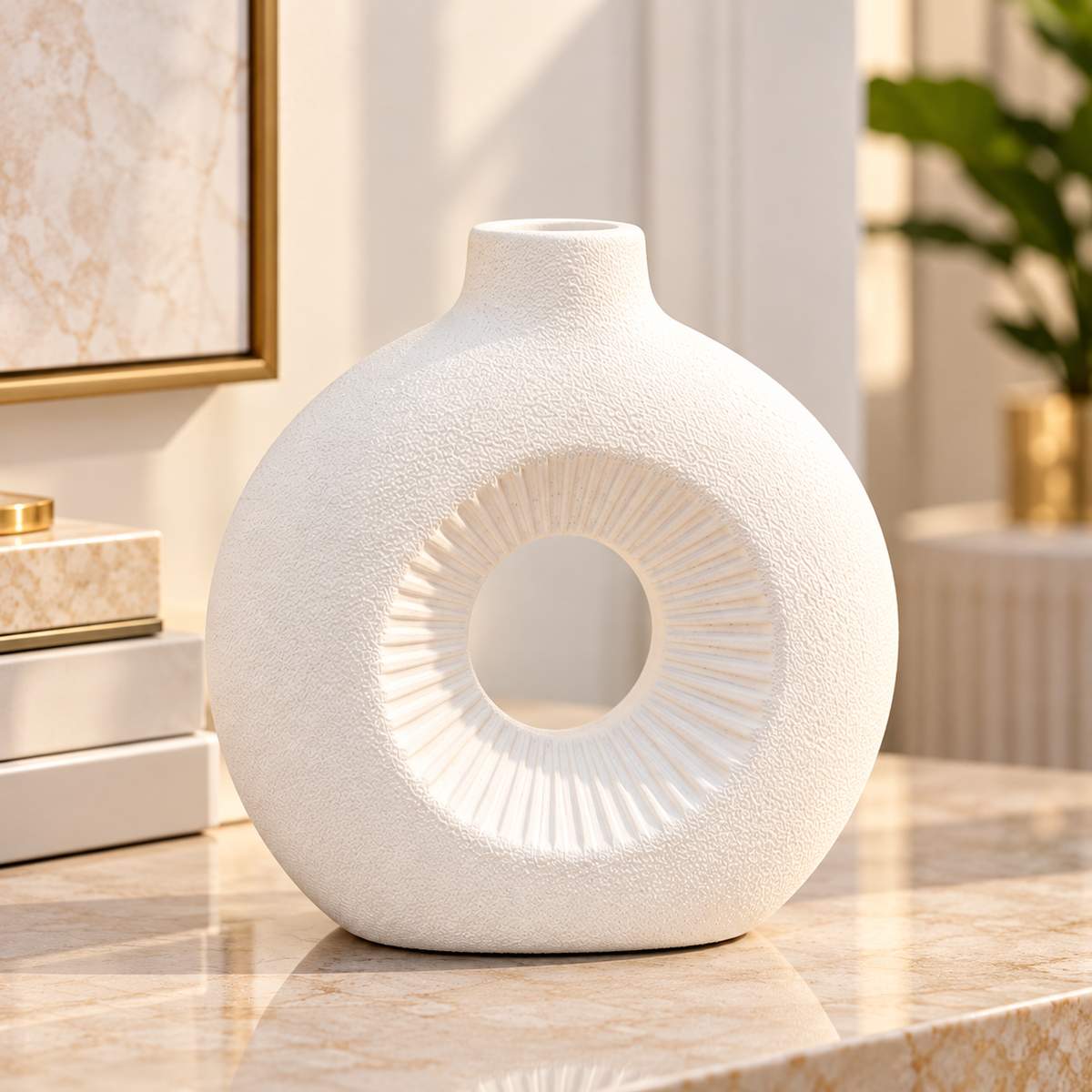 WHITE ROUND OPEN CENTER DECORATIVE VASE - SMALL