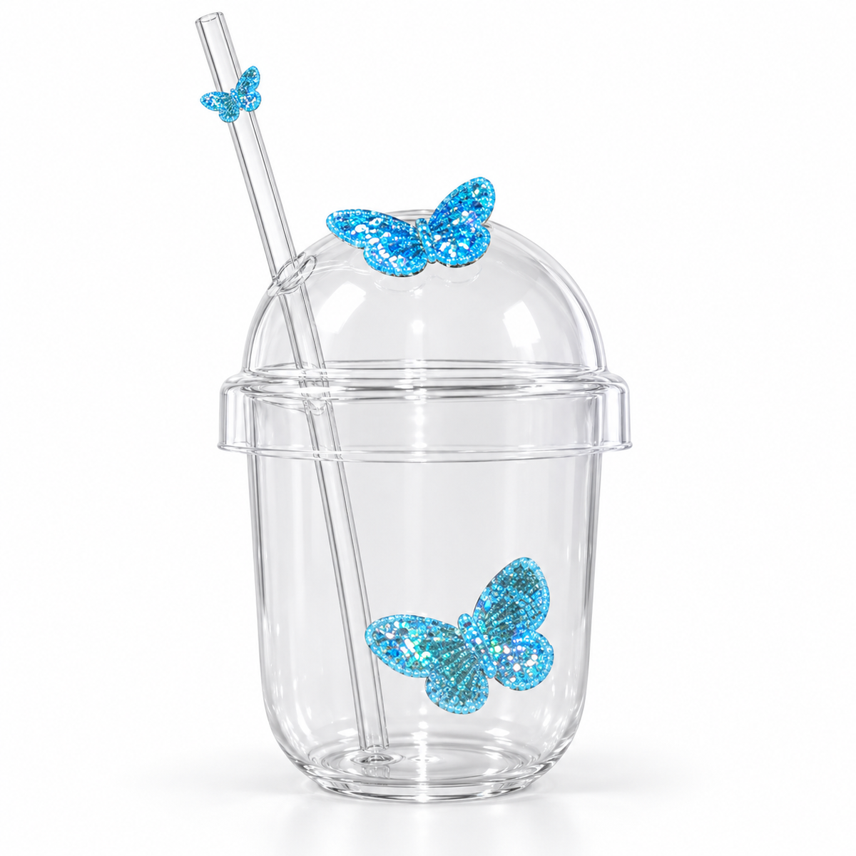 Glasslux Butterfly Dome Cup With Straw - Blue / 400 ml