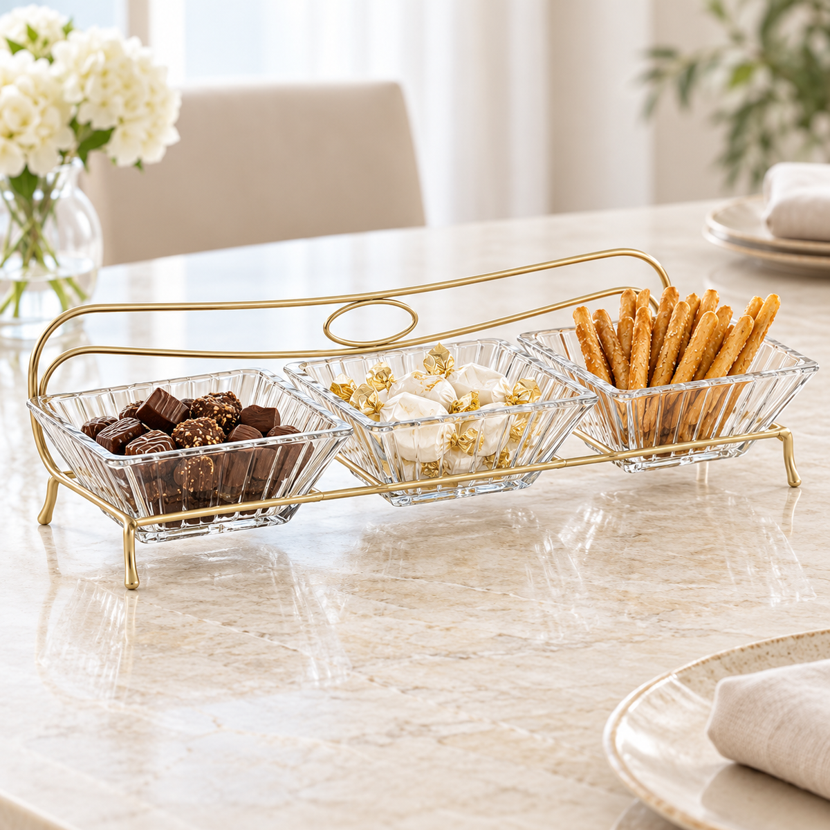 Danny Home Gold Three Bowl Serving Stand