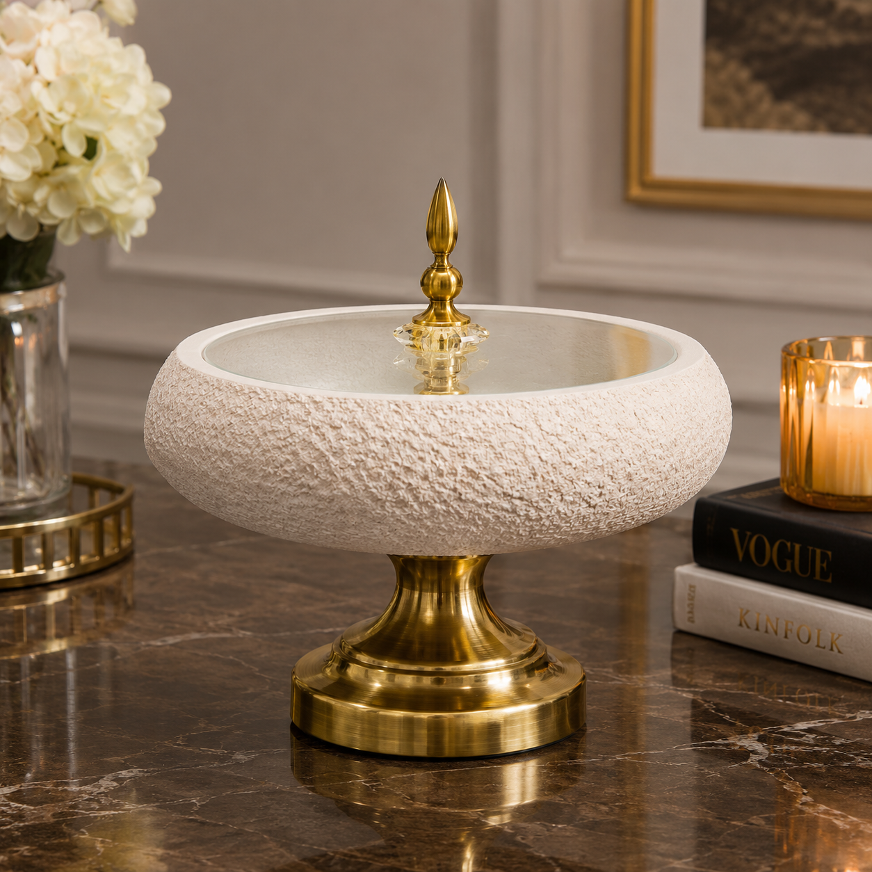 DECORATIVE PEDESTAL STORAGE BOWL WITH LID