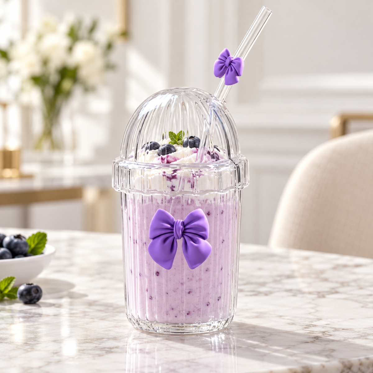 Glasslux Ribbed Pookie Bow Dome Cup With Straw - Purple / 400 ml